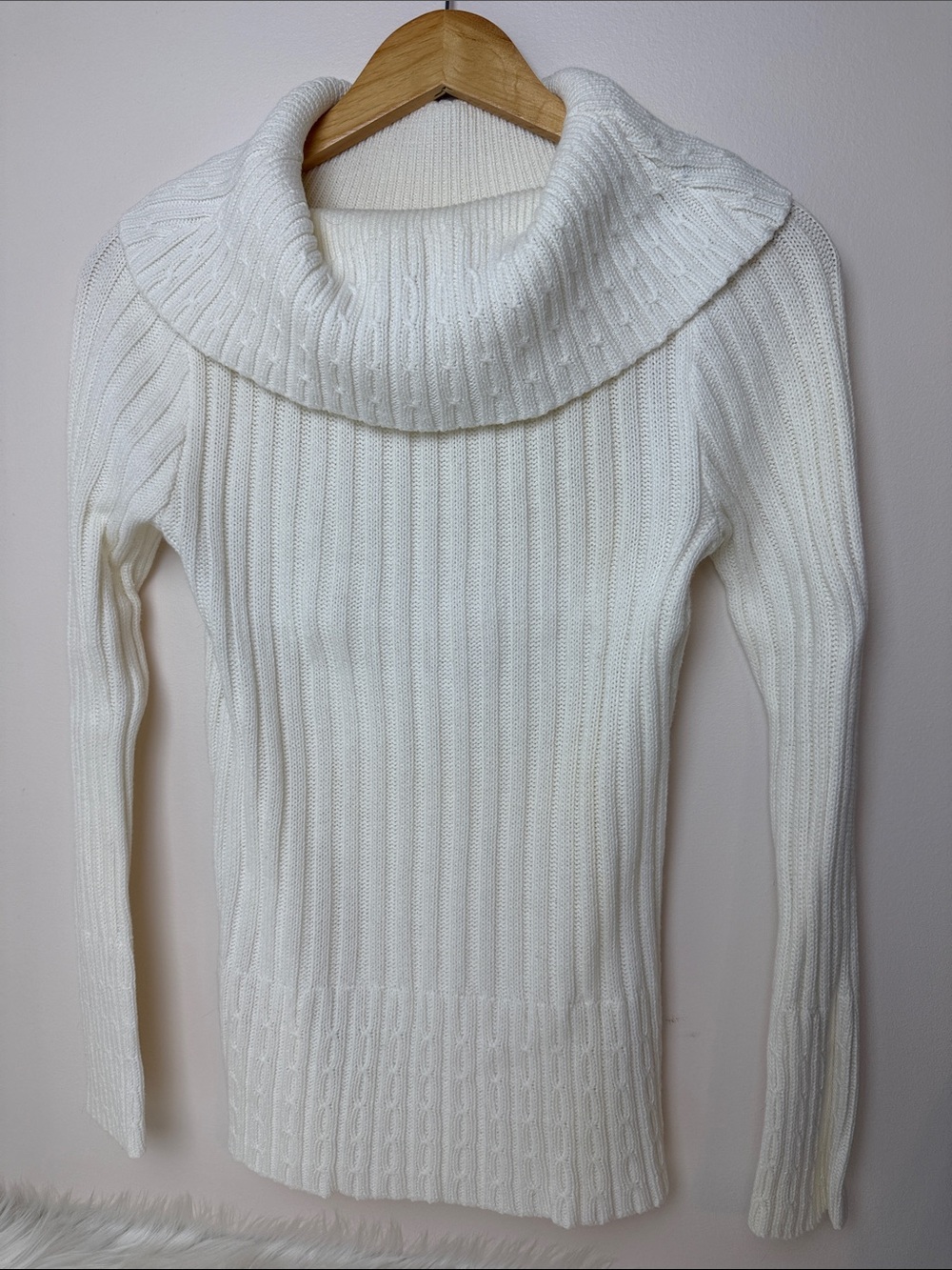 Cato Cream Ribbed Cowl-Neck Tunic Sweater S